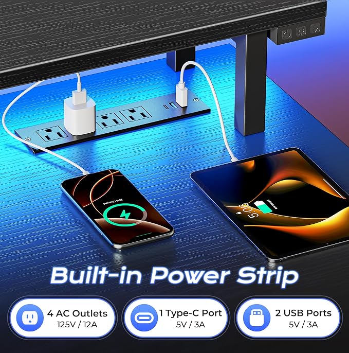 48 inch Gaming Desk, LED & Power Outlets, Monitor Stand, Black | Sturdy PC Desk for Home Office, Study & Work, LED Lights, 4 AC Outlets & USB-C Charging Station