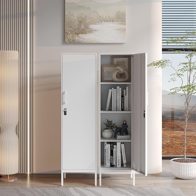 White Metal Locker Cabinet, 59.1" Lockable Storage Locker for Employees with Adjustable Shelves, Locking File Cabinet Door for Office, School, Gym, Garage
