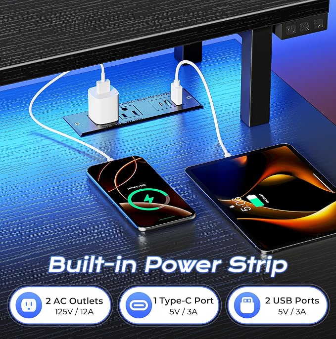 40 inch Gaming Desk, LED & Power Outlets, Monitor Stand, Black | Sturdy PC Desk for Home Office, Study & Work, LED Lights, 4 AC Outlets & USB-C Charging Station