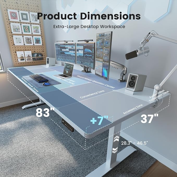 FEZIBO Standing Desk 83 × 37 Inch Electric Height Adjustable, White | 1" Thick Large Adjustable Desk with Integrated Dual-Beam, Cable Management, Computer Desk for Home Office Workstation