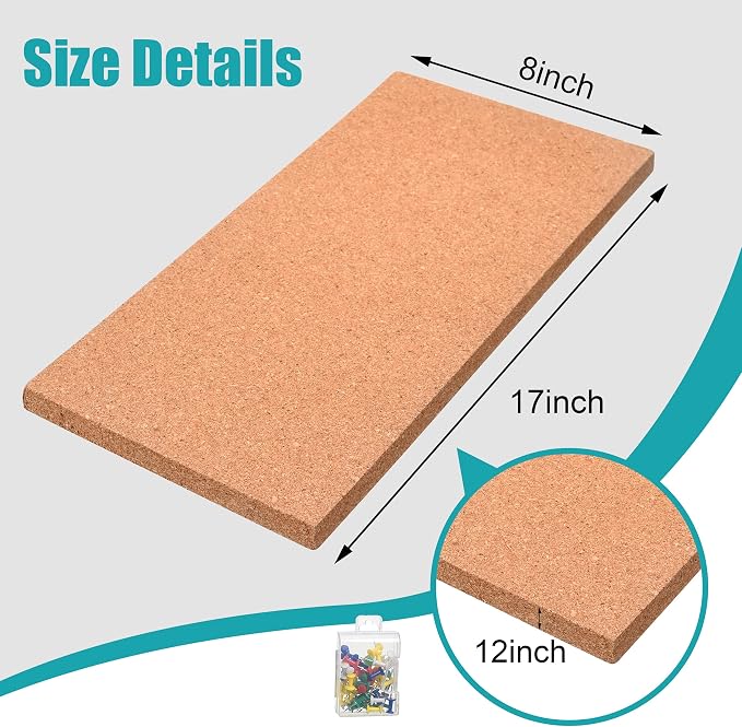 SUNGIFT 17 x 8 Inch Cork Bulletin Board 6 Pack, 1/2" Thick for Office/Home | Frameless Cork Tiles for School, Self-Adhesive Corkboards Wall Decor , 50 PCS Pushpins Included