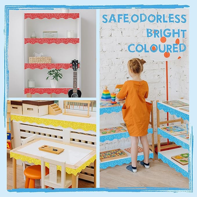 60 Feet Bulletin Board Borders, 45 Sheets Glitter Scalloped Border Trim Holiday Decoration for School, Classroom Office Party Wall Decor (6 Colors, Golden/Silvery/Red/Blue/Black/Green)