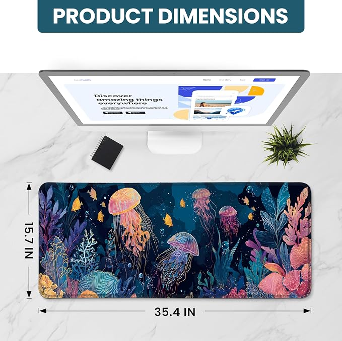 Aesthetic Desk Mat, Cute Ocean Jellyfish Desk Pad Protector for Work & Decor, 35.4" x 15.7", Pretty Non-Slip Extended Mouse Pad for Office or Home