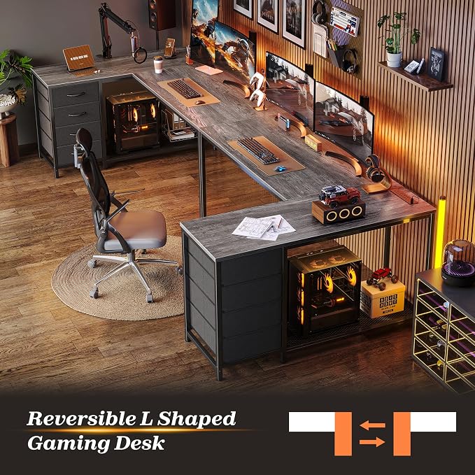 53" L Shaped Desk with Power Outlets & 4 Drawers | Reversible Computer Desk with 2 Storage Shelves, Large Corner Office Desk for Gaming Writing Work Study, Grey