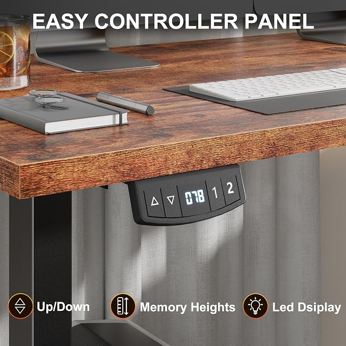 Korfile 63" L Shaped Standing Desk, Height Adjustable, LED, Memory Presets | Reversible, Ergonomic Sit to Stand Computer Desk with Headphone Hook for Home, Office and Workstation, Brown