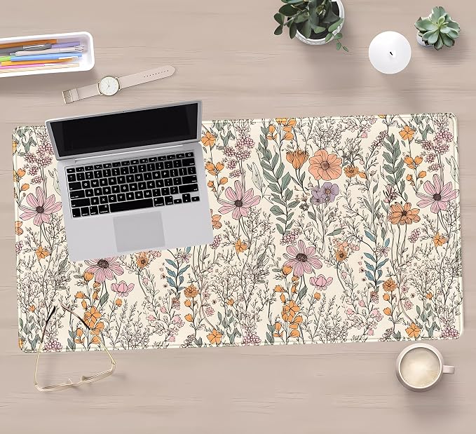 Wild Flowers Gaming Mouse Pad, Floral Cute Keyboard Mouse Mat, Full Desk Protector, Aesthetic Desk Decor 31.5"x15.75"