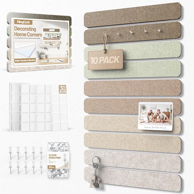 10 Pack 13"x2" Cork Board Strip with Removable Adhesive Squares & Push Pins | Pin Board Alternative Felt Strip Bulletin Board, Felt Board for Photo & Note Display, Home Office Decor - Linen Dusk