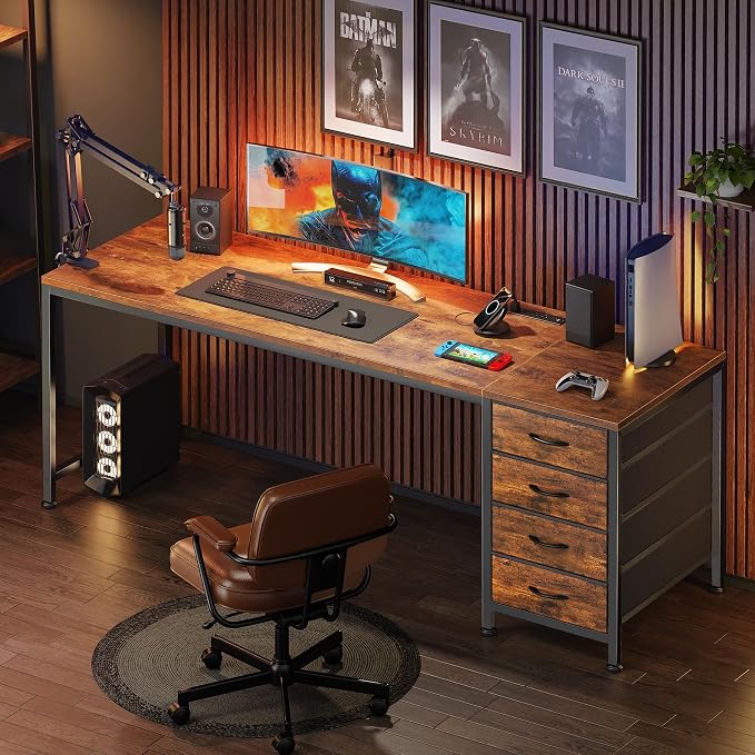 63 Inch Computer Office Desk with Power Outelts and USB-C Port, Reversible Gaming Desk with 4 Fabric Drawers, Work Study Desk Work from Home, Rustic Brown