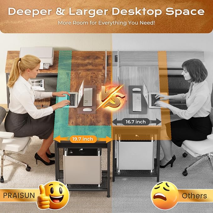 55 Inch L Shaped Office Desk with Power Outlets and Type-C Port, Large Computer Gaming Desk with 3 Fabric Drawers, Mesh Shelves, Corner Study Work Writing Desk, Rustic Brown