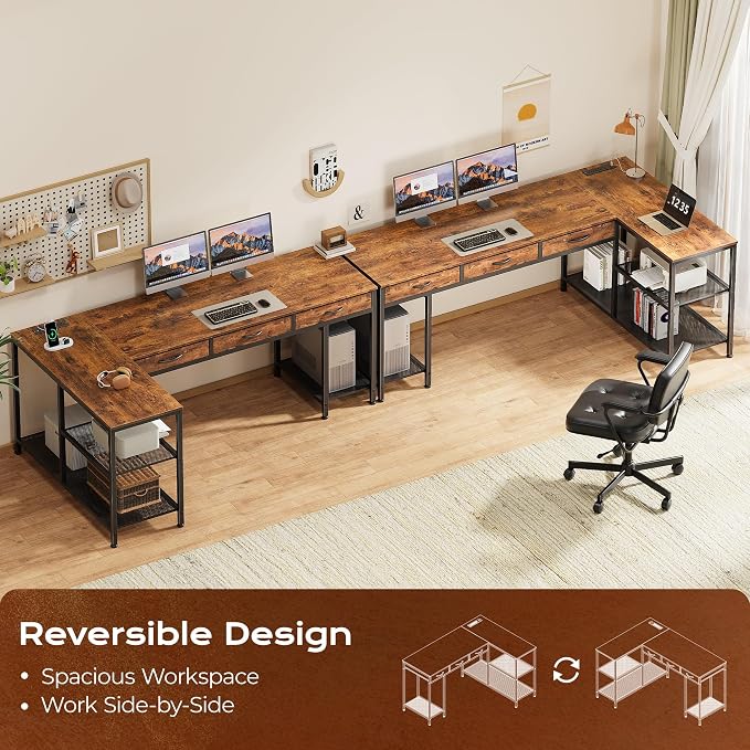 63 Inch L Shaped Office Desk with Power Outlets and Type-C Port, Large Computer Gaming Desk with 3 Fabric Drawers, Mesh Shelves, Corner Study Work Writing Desk, Rustic Brown