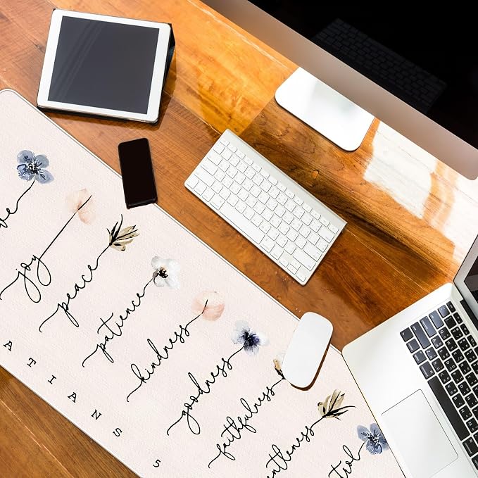 Christian Desk Mat Bible Verses Mouse Pad Flroal 31.5x11.8 | Gakatians 5:22, Bible Christian Desk Accessories, Light Pink Computer Mat for Office, Church Religious Gifts for Women