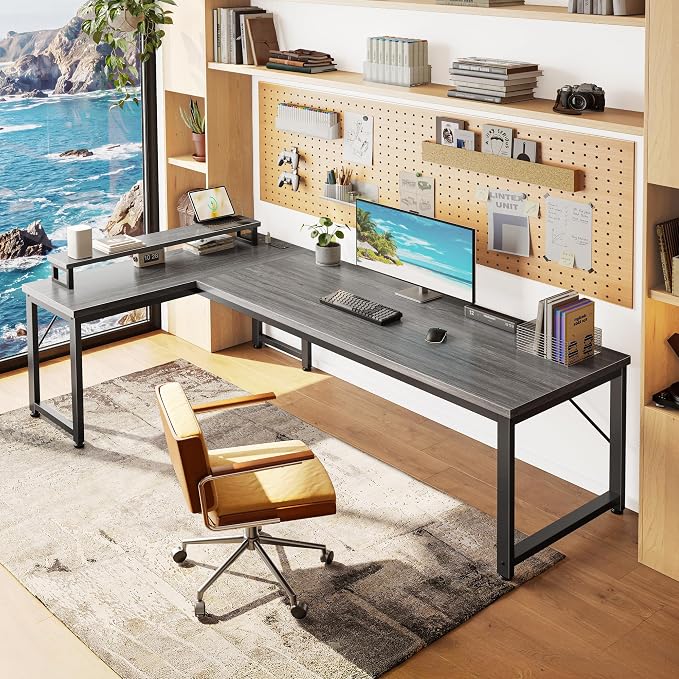 61" L Shaped Computer Desk, Power Outlets, Monitor Stand, Grey | USB-C Ports, Reversible Charging Station, Spacious Desktop & Legroom, 0.94 Inch Thick Desktop, for Gaming, Study & Work