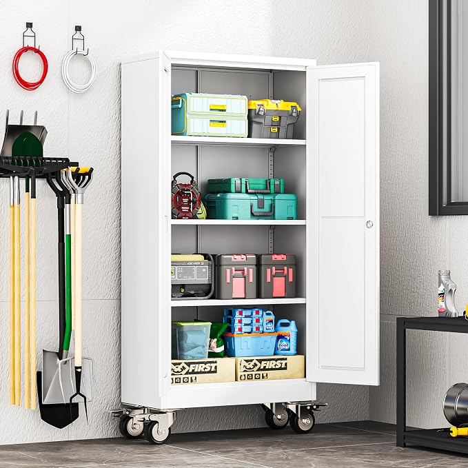 erosoei 61" H Metal Garage Storage Cabinet, Rolling Tool Cabinet with 2 Doors and Wheels, Locker Steel Cabinet with 3 Adjustable Shelves, Organization Cabinet for Garage,Office,Home,Gym,School（White）