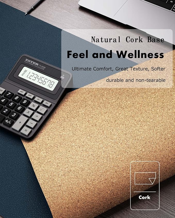 YSAGi Double-Sided Desk Pad, 31.5"x15.7"Leather Desk Mat, Eco Cork Desk Pad Protector,Large Mouse Pad,Waterproof Desk Blotter for Office/Home(Dark Blue)