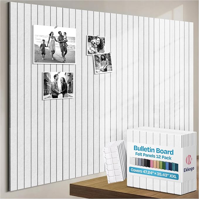 X-Large Cork Board Alternative 12-Pack Felt Bulletin Board Thick and Decorative Pin Board for Home Office Walls 47.24 x 35.43 Inches with 72 Adhesive Tabs - [White]