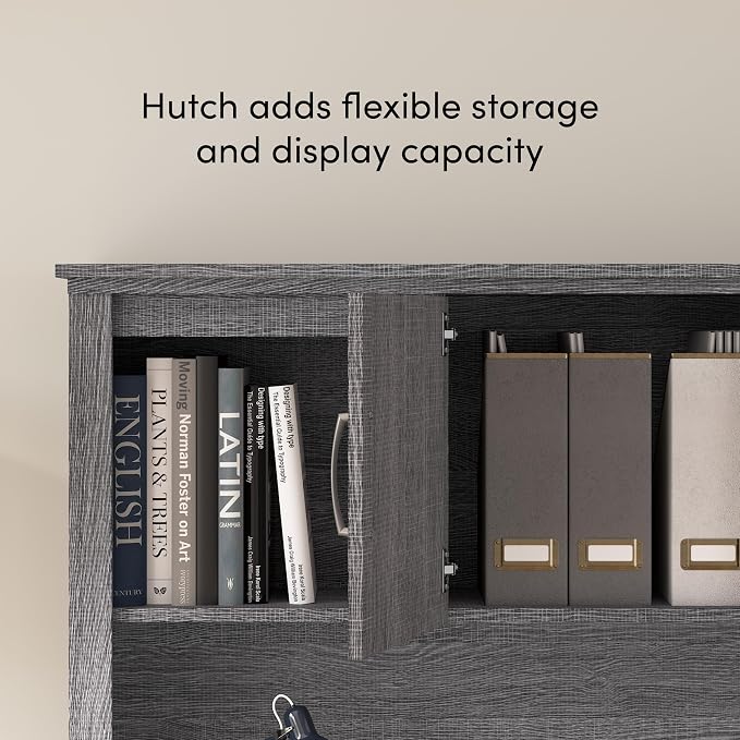 Bestar U or L Shaped Desk with Hutch and Drawers, Bark Grey, Logan, 66W | With Drawers and Hutch; The Bestar Logan U or L Shaped Desk with Drawers and Hutch offers a customizable solution