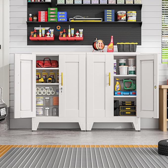 36" Metal File Storage Cabinet with Lock,Steel Locker Organizer, Office File Cabinet with 2 Doors and 2 Adjustable Shelves,Outdoor Tool Garage Cabinets for Home Office,Gym,School,Warehouse(White)