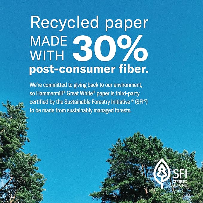 Hammermill Printer Paper, Great White 30% Recycled Paper, 11 x 17 - 1 Ream (500 Sheets) - 92 Bright, Made in the USA, 086750