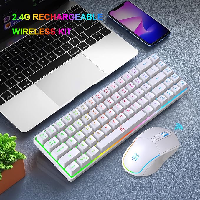 Snpurdiri 60% Wireless Gaming Keyboard and Mouse Combo, White | LED Backlit Rechargeable 2000mAh Battery,Mini Gaming Anti-ghosting Keyboard +Popular RGB Gaming Mice for PC Gamer