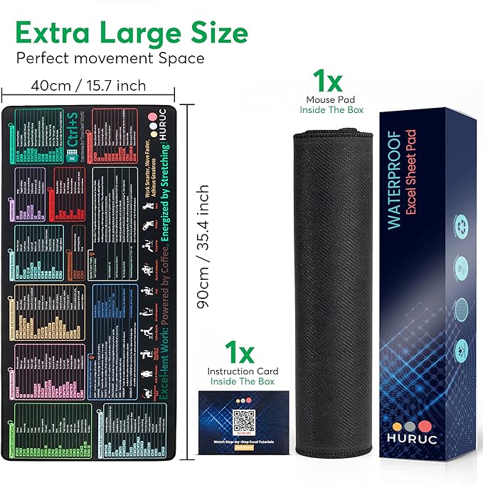 Excel Cheat Sheet Desk Pad – XL Excel Mouse Pad Shortcuts 35.5"x15.7", Waterproof Non-Slip Desk Mat with Shortcut Keys & Formulas, HD Print, Stitched Edges for Work & Gaming