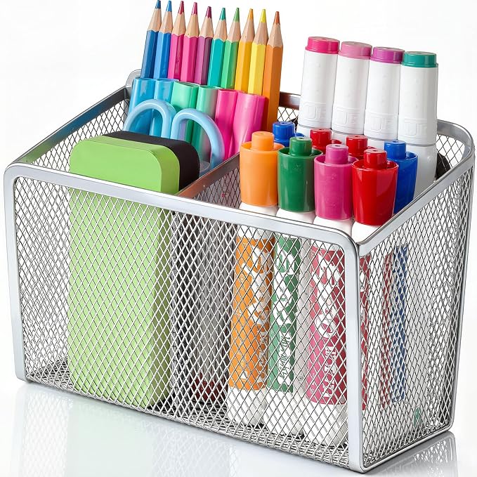 BEYGORM Magnetic Dry Erase Marker Holder for Whiteboard, Locker Organizer | Mesh Non-slip Pen & Pencil Holder for Refrigerator, Basket for Classroom, School &Office (Silver, 1-Pack)