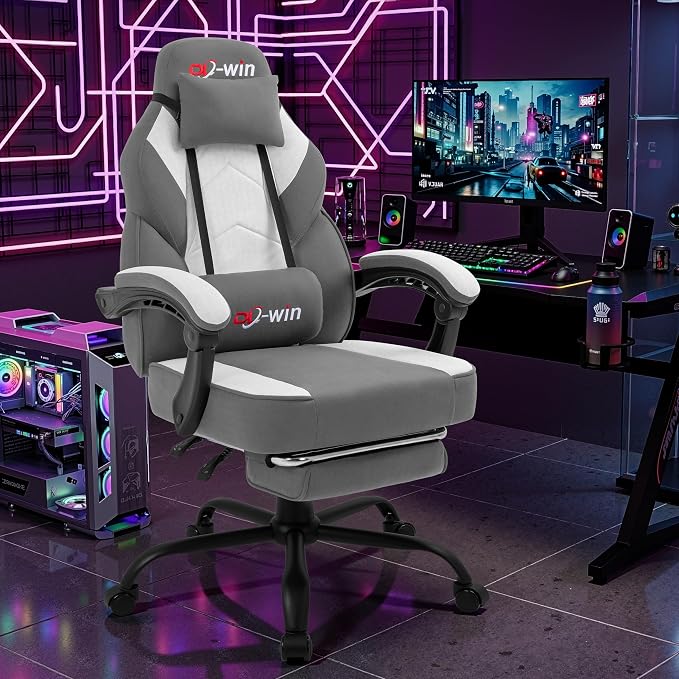 Gaming Chair for Adults with Footrest & Massage Lumbar Support, Ergonomic High Back Gamer Chair, Adjustable Swivel Computer Gaming Chairs with Headrest and Linkage Armrests,Green (Greige)
