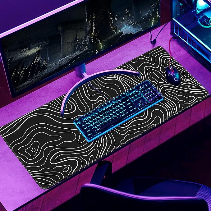 Topographic Contour Gaming Mouse Pad，Large XL Mouse Pad Big Mouse mat,Long Computer Keyboard with 3mm Non-Slip Base and Stitched Edge for Gaming Home Office Work，31.5x11.8in