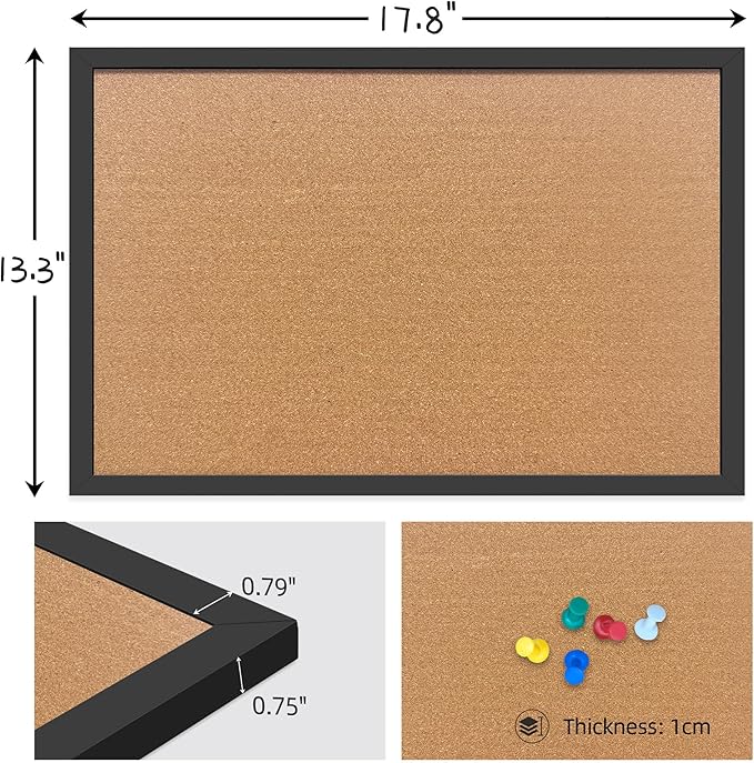 Cork Bulletin Board, 13.3x17.8 Inches Hanging Cork Board Wooden Framed with Pins for Wall, Dorm Room, Office, Home Decor – Natural Cork & Black Frame