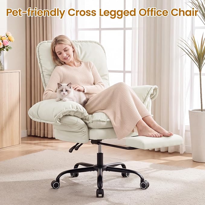 Criss Cross Office Chair with Flip Arms & Footrest, Comfy Desk Chair,Beige | Cross Legged Office Chair, Wide Seat Reclining Desk Chair with Wheels, Vanity Chair with Pocket Spring Seat and Side Pockets