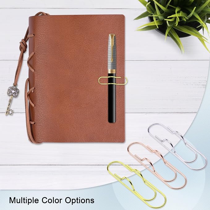 Wisdompro 12 Pack Paper Clip Pen Holder for Notebook, Journal, Book, Gold | 2.6 x 0.7 inch, Stainless Steel, Oversized Paperclip Pencil Holder for Travelers Planner, Binder, Clipboard, Bible, Notes