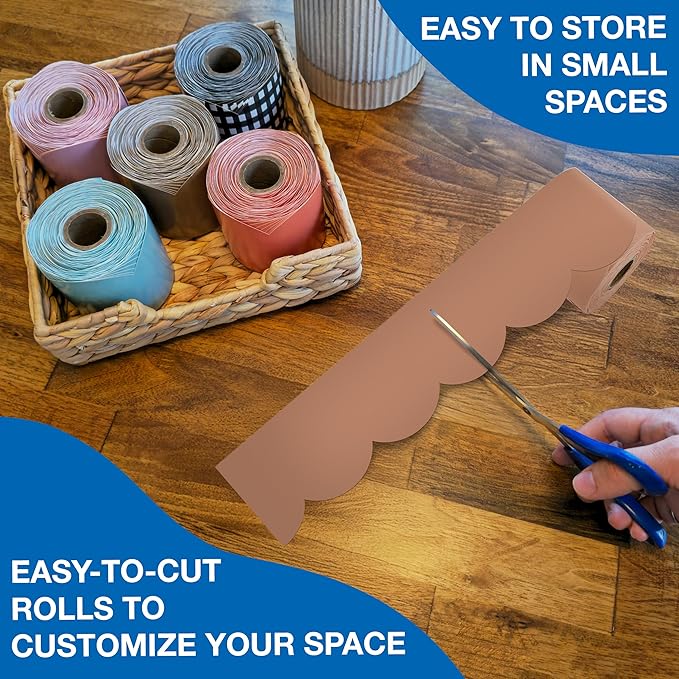 Carson Dellosa 65Ft of Cinnamon Spice Bulletin Board Borders, 1 Roll of Brown Scalloped Trim for Rolling Whiteboard, Cork and Posterboard, Party, Thanksgiving, Classroom Decorations, and Fall Decor