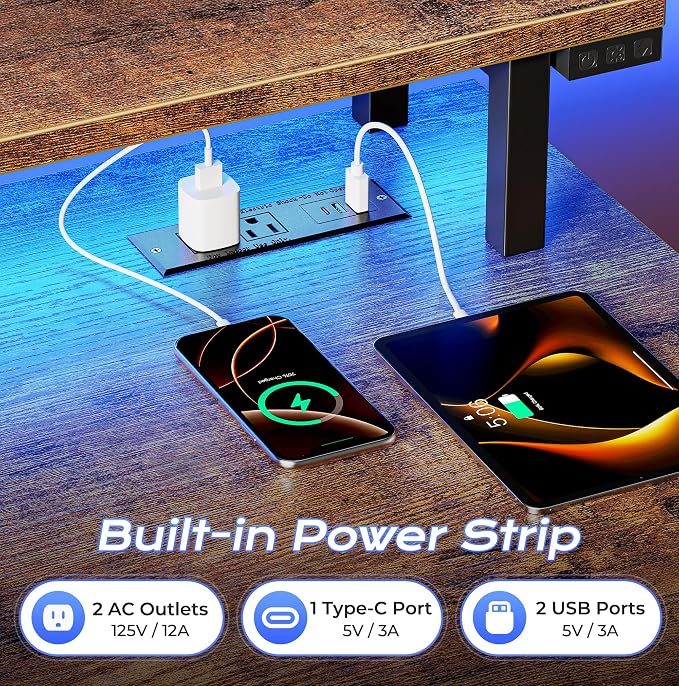 40 inch Gaming Desk, LED & Outlets, Monitor Stand, Rustic Brown | Sturdy PC Desk for Home Office, Study & Work, LED Lights, 4 AC Outlets & USB-C Charging Station