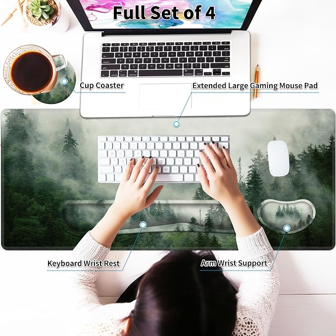 Forest Desk Pad Large Gaming Mouse Pad Set 35.4 x 15.7 with Keyboard Wrist Rest, Wrist Support, and Coaster Memory Foam Smooth Desk Pad Mousepad for Home Office School