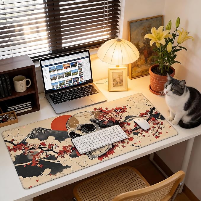 Aesthetic Skull Gaming Mouse Pad, Beige Red Japanese Desk Mat with Anti-Slip Base & Stitched Edges, Office Supplies & Desk Decor for Women, 35.4" x 15.7" in Home Office Essentials