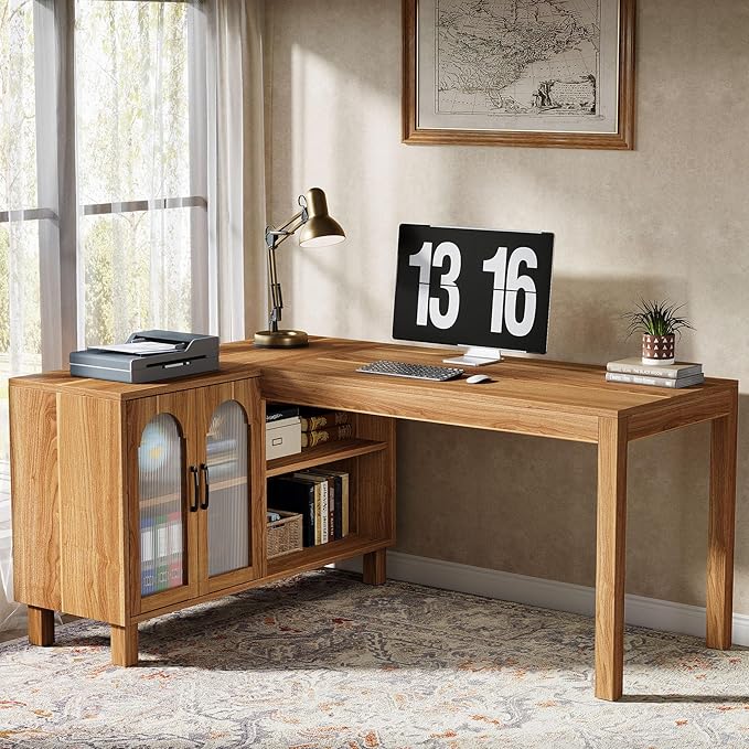 Tribesigns L-Shaped Desk with File Cabinet, 59-Inch Executive Office Desk with Storage Shelves, Wooden Study Writing Desk Farmhouse Corner Computer Desk for Home Office, Rustic Brown