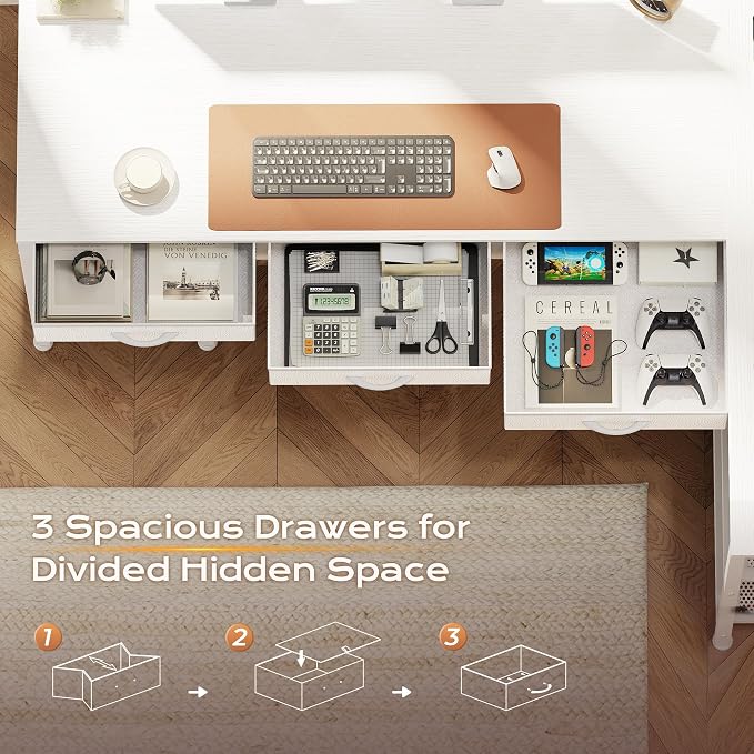 55 Inch L Shaped Office Desk with Power Outlets and Type-C Port, Large Computer Gaming Desk with 3 Fabric Drawers, Mesh Shelves, Corner Study Work Writing Desk, White
