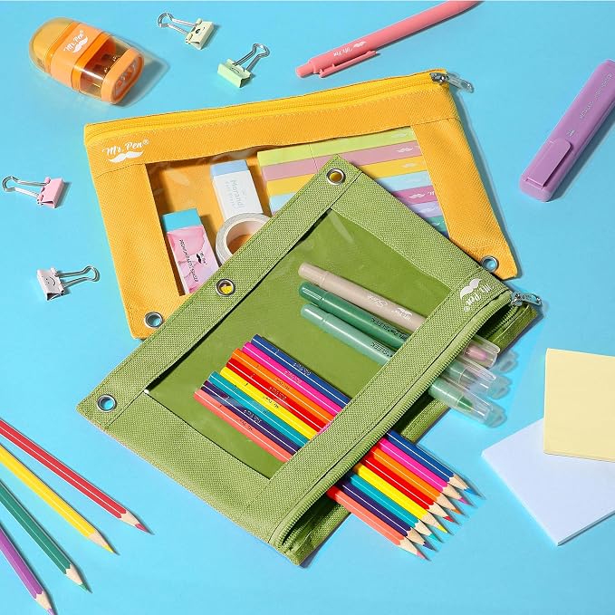Mr. Pen- Pencil Pouch for 3 Ring Binder, 2 Pack, 10"x6.75", Smooth Zipper | Clear Window, Large Capacity Pencil Case with 3 Reinforced Grommets for School, Office, Supplies Storage | Clear Window, Large Capacity Pencil Case with 3 Reinforced Grommets f...