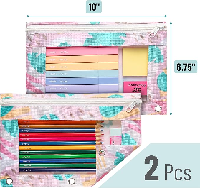 Mr. Pen- Pencil Pouch for 3 Ring Binder, 2 Pack, 10"x6.75", Smooth Zipper | Clear Window, Large Capacity Pencil Case with 3 Reinforced Grommets for School, Office, Supplies Storage