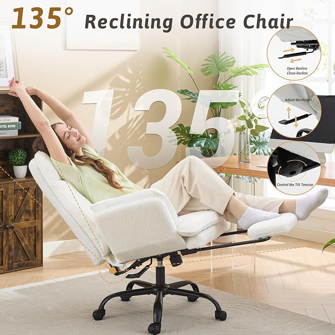Wider Seat Office Chair with Flip Armrests for Criss Cross Legged&Cats, Big and Tall Executive Ergonomic Reclining Chair with Footrest&Lumbar Pillow, Teddy Fleece Desk Chair,White Vanity Chair