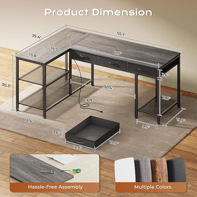 55 Inch L Shaped Office Desk with Power Outlets and Type-C Port, Large Computer Gaming Desk with 3 Fabric Drawers, Mesh Shelves, Corner Study Work Writing Desk, Grey