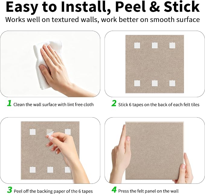 1/2'' Thick Felt Bulletin Board Squares, Dartboard Wall Protector | 1700g/m² Ultra-Dense Felt Panels for Walls, Self Adhesive, Frameless, Modular, Renter Friendly, Removable, 8 Pack 12'' x 12''