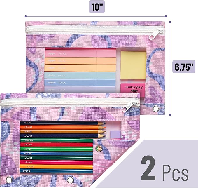Mr. Pen- Pencil Pouch for 3 Ring Binder, 2 Pack, 10"x6.75", Smooth Zipper | Clear Window, Large Capacity Pencil Case with 3 Reinforced Grommets for School, Office, Supplies Storage