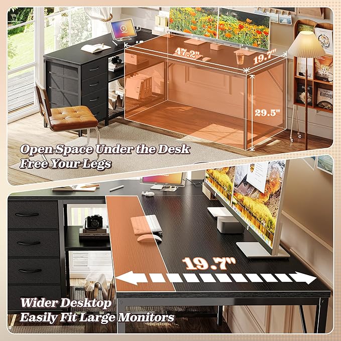 61" L Shaped Desk with Power Outlets & 4 Drawers | Reversible Computer Desk with 2 Storage Shelves, Large Corner Office Desk for Gaming Writing Work Study, Black