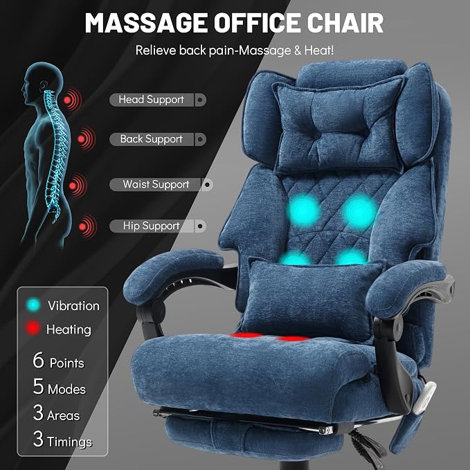 Massage Office Chair with Foot Rest,6 Points Vibration & Heat Executive Office Chairs for Heavy People,500LBS Big and Tall Office Chair,Ergonomic Reclining Desk Chair,Dual-Use Pillow,Home Office,Blue