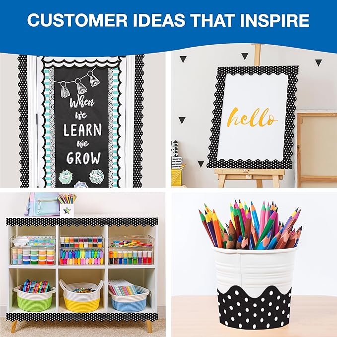 Carson Dellosa Education 65Ft of Black and White Bulletin Board Borders, 1 Roll of Scalloped Trim With Polka Dots for Rolling Whiteboard,Cork & Posterboard, Party, Office Decorations & Classroom Decor
