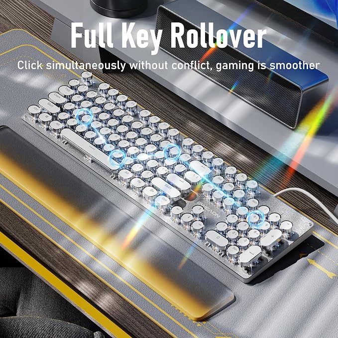 Wired Typewriter Style Mechanical Gaming Keyboard with White Backlit-White | Retro Punk Round Keycaps, Metal Panel, Clicky Blue Switch, 104 Keys Full Size Desk Setup for Windows PC, Mac, Desktop, Laptop