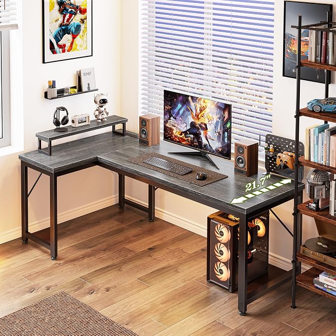 53" L Shaped Computer Desk, Power Outlets, Monitor Stand, Grey | USB-C Ports, Reversible Charging Station, Spacious Desktop & Legroom, 0.94 Inch Thick Desktop, for Gaming, Study & Work