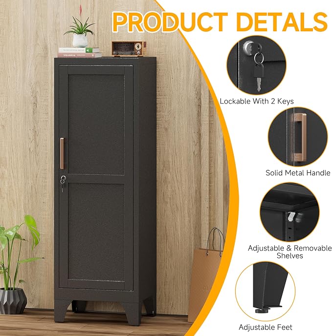 46"H Black Metal Locker Set of 2,Small Locking Cabinet with 1 Door and 2 Adjustable Shelves For Employees,3 Tier Small Storage Cabinet with Detachable Legs for Kitchen, Office,School,Gym,Easy Assembly