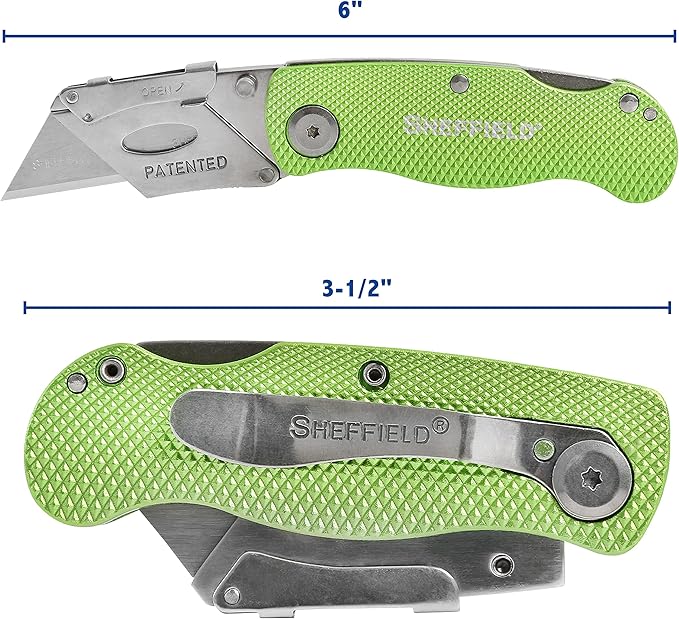 Sheffield Folding Utility Knife, Accepts Standard Utility Knife Blades, Box Cutter Aluminum Handle, Razor Blades Included, For Home, Office, Trades, and Warehouse