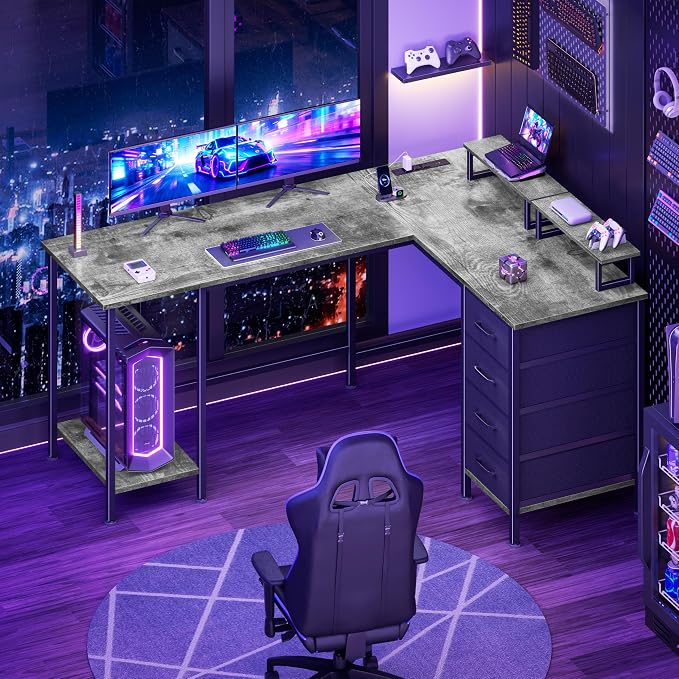 Korfile 59 inch L Shaped Computer Desk with Power Outlets, Home Office Desk with 4 Adjustable Storage Drawers & 2 Monitor Stands, Two Person Gaming Table for Bedroom, Grey
